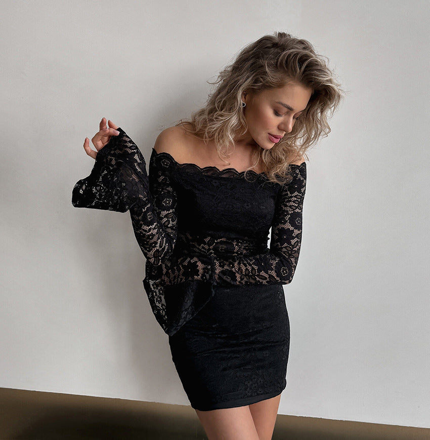 Off Shoulder Sexy Lace Dress Women Winter Cinched Bodycon Pure Sexy Hip Bella Mia